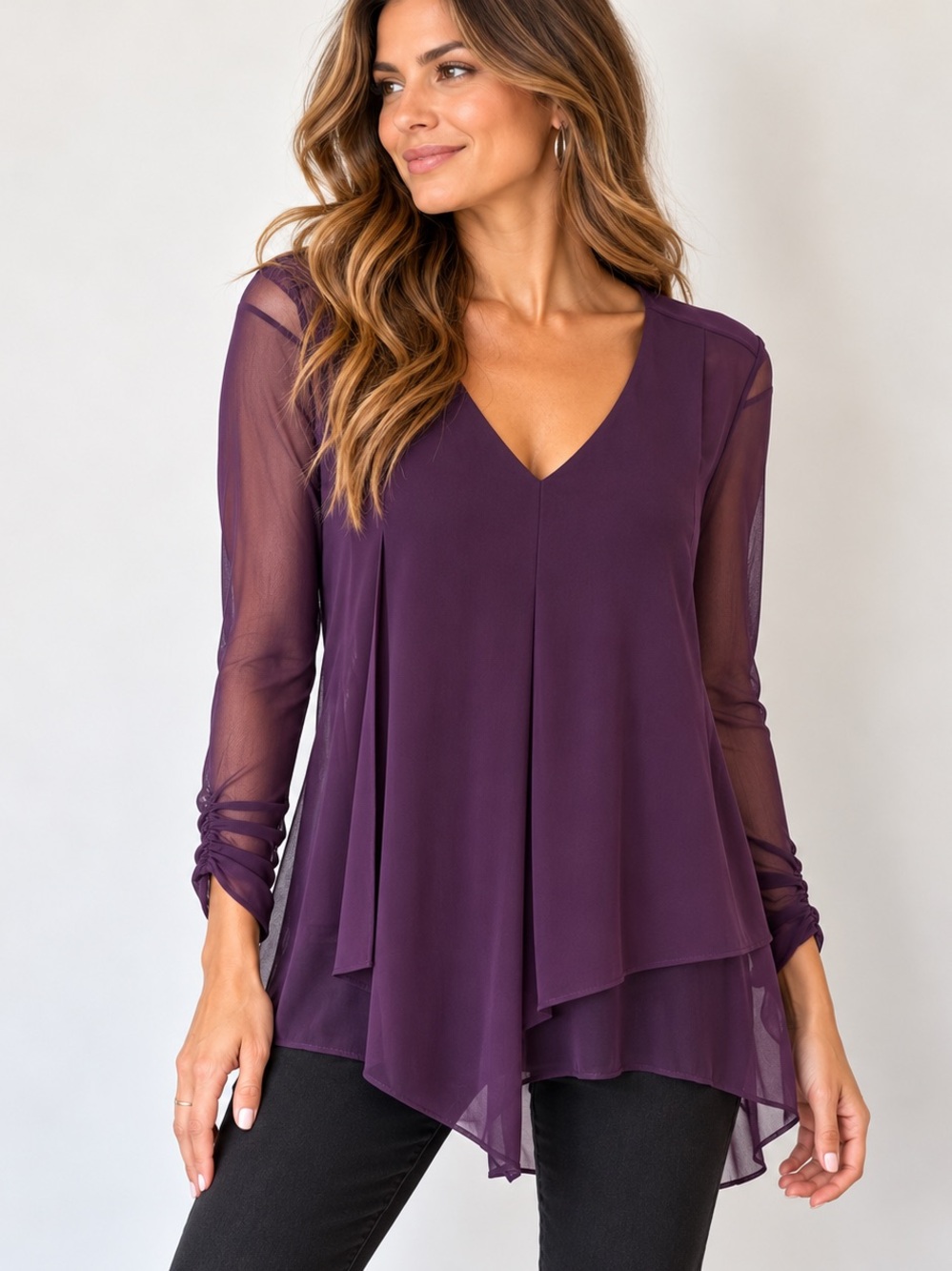 Alfani Plum Purple Sheer Mesh Layered Asymmetrical Tunic Blouse
